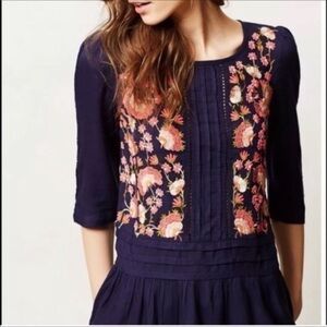 Anthropologie Floreat • Luana Women’s Navy Floral Embroidered Tunic Top Blouse